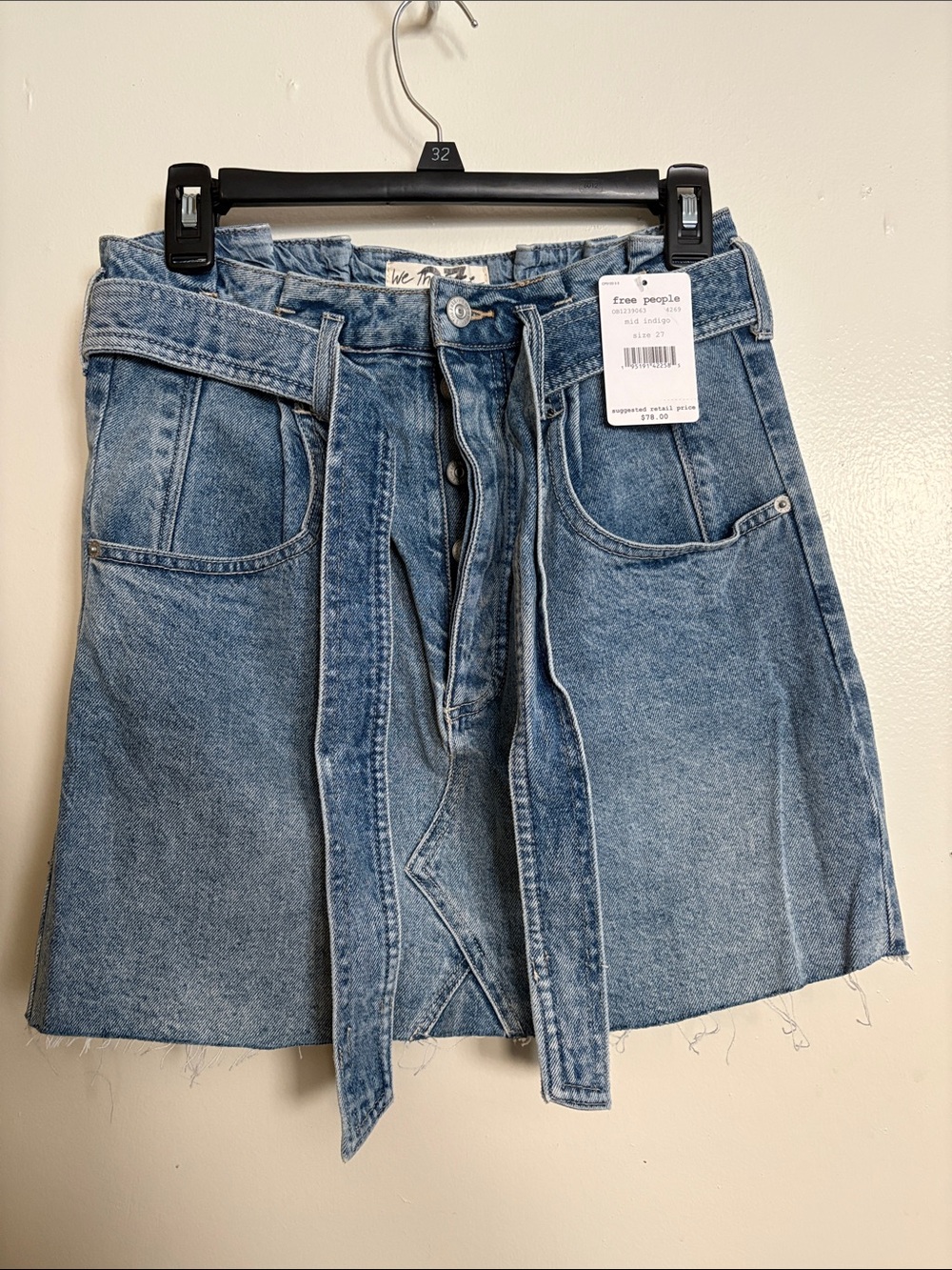 Free People Light Blue Denim Tie-Belt Mini Skirt NWT